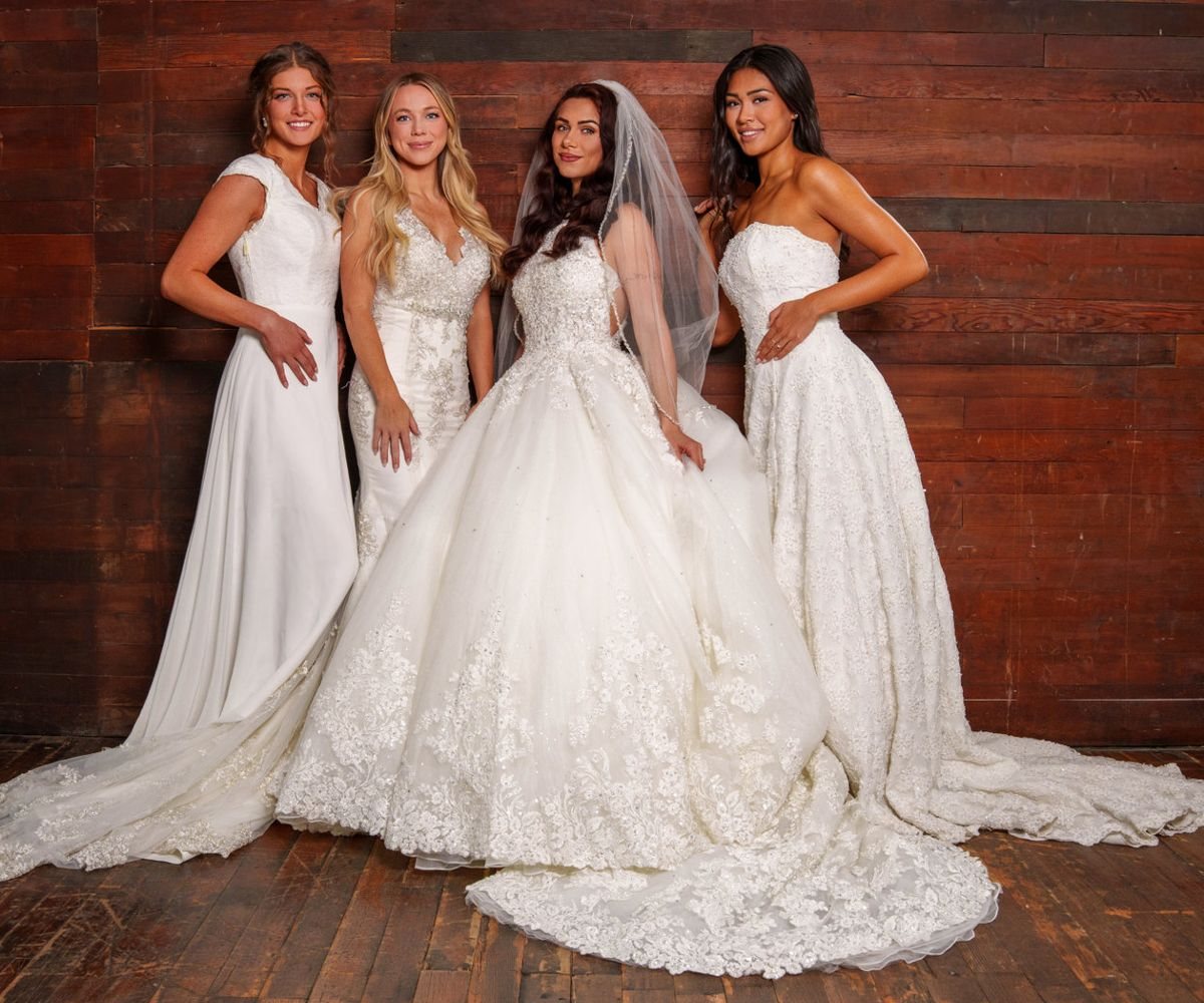 Four brides in elegant wedding gowns at Brooke's Bridal
